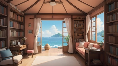 书房窗外的海景