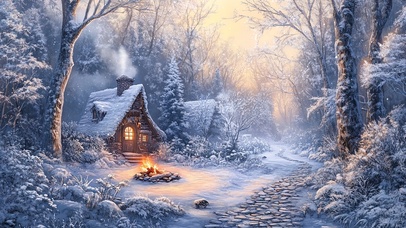 静谧森林里的篝火小屋