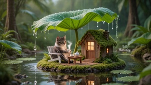 雨天荷叶小猫