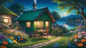 夜晚湖边绿色小屋