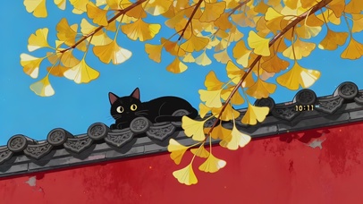 可爱银杏红墙黑猫