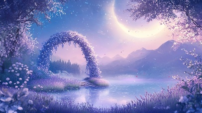 紫色月夜下的浪漫花海湖泊