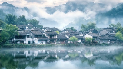 烟雨雾气中的古镇风景