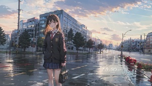 雨后晚霞街道少女