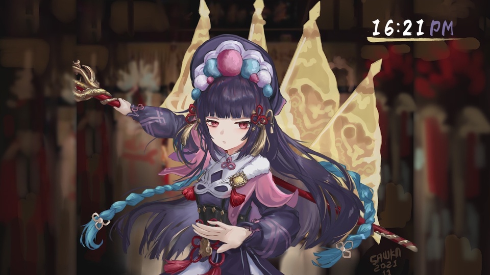 原神角色云堇身着紫粉镶金戏曲戏服，手持带金色龙头装饰的长杆，立于虚化的中式古风室内场景中，采用厚涂国风插画风格绘制。