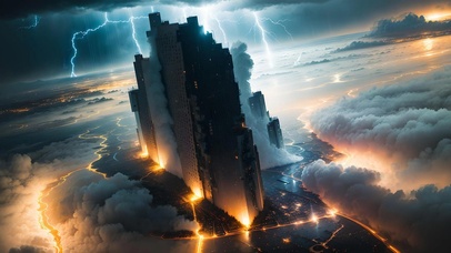 雷雨中的城市上空