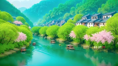 4k绿色樱花河流小镇