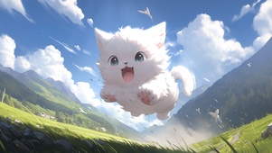 白色小猫田野奔跑