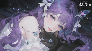 紫色浪漫的少女与黑猫