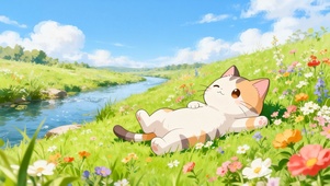 河边草地休息的猫咪