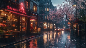 雨夜朦胧城市街景