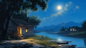夜晚村庄湖泊