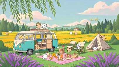 春天郊游的线条狗