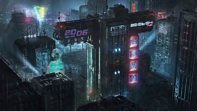 赛博朋克雨天香港城市