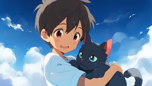 小男孩抱着猫