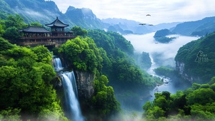 山顶瀑布楼阁
