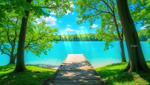树荫下的湖景