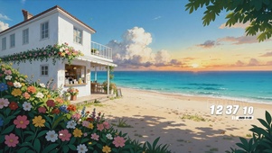 夕阳海景房屋树木