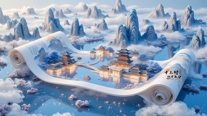 4k画轴山水云雾阁楼