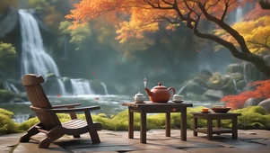 秋日瀑布边饮茶