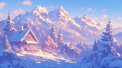 乡村木屋与雪景