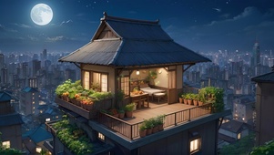 夜晚楼顶的小屋