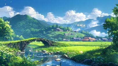 护眼绿色石桥乡村