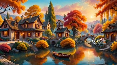 清晨阳光洒在唯美村庄上