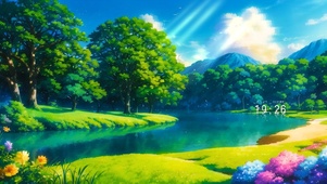 唯美动漫风景插画春天的湖畔