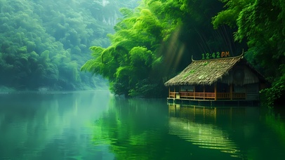 护眼竹林湖泊小屋