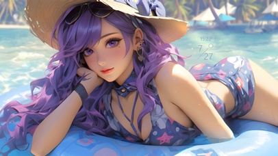 4K 纯欲泳池紫发美女	