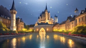 夜晚河边童话城堡