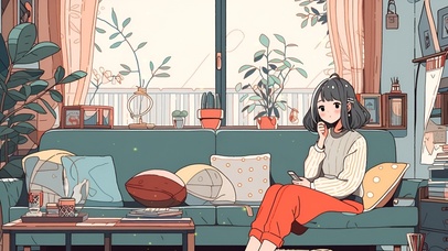 家中玩手机的女孩