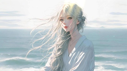 海边的忧郁白发少女