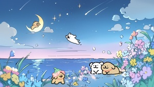 可爱治愈线条快乐小狗海边梦幻