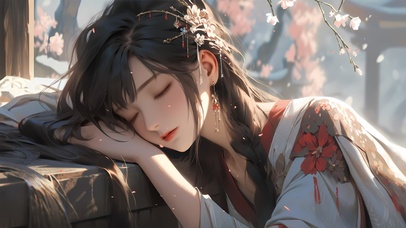 4K唯美古风-樱花下熟睡少女