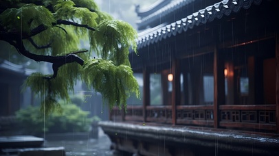 4K古风小院观雨