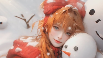 4K唯美可爱美少女和雪人