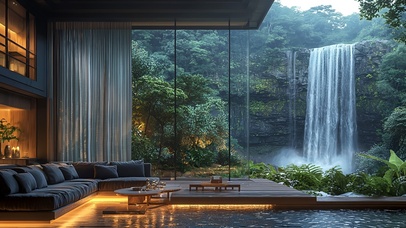 瀑布旁的谧境客厅