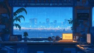 4K雨夜动漫城市房间