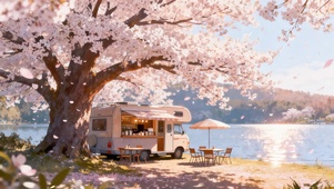 樱花树下房车咖啡店