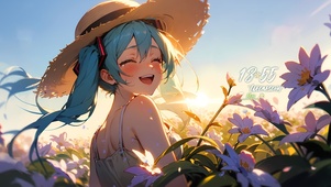 花丛草帽少女