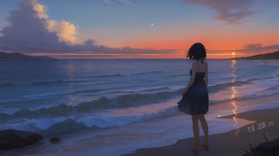唯美海景治愈夕阳女孩