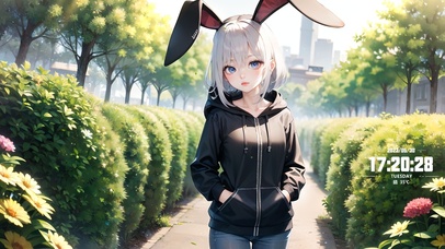 清新绿荫小道兔耳少女