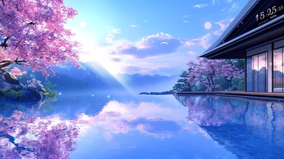 唯美樱花湖景微光