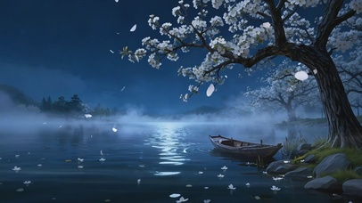 夜晚湖泊樱花