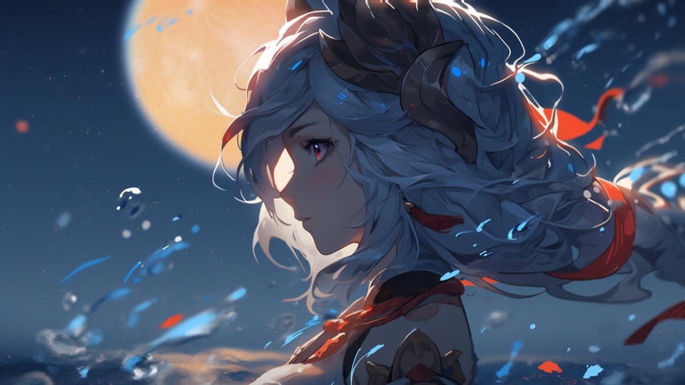 蓝调深夜背景下，带深褐弯角的银白长发侧脸少女，身后悬着暖黄色圆月，飘散着蓝色水花。
