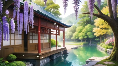 河边古风紫藤花小屋