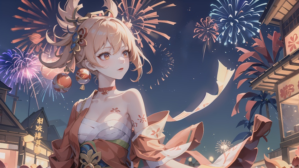 原神角色宵宫站在两侧亮灯的日式古街上，藏深蓝色夜空绽放多色烟花，画面色调以暖橙金、粉紫与藏蓝为主。