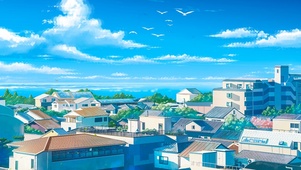 4K唯美治愈动漫夏日海景小镇